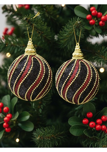 Yılbaşı Topu Altın Şeritli Payetli Siyah-Bordo Çam Ağacı Süsü 10 cm 2'li
