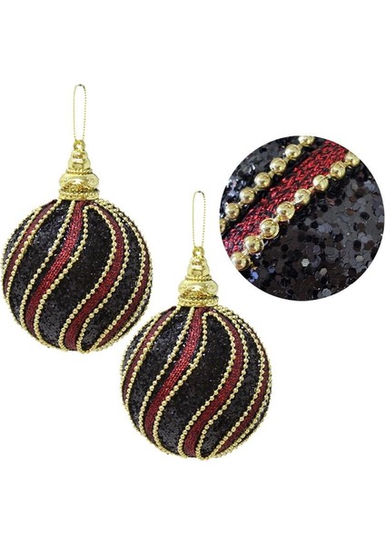 Yılbaşı Topu Altın Şeritli Payetli Siyah-Bordo Çam Ağacı Süsü 10 cm 2'li modelleri