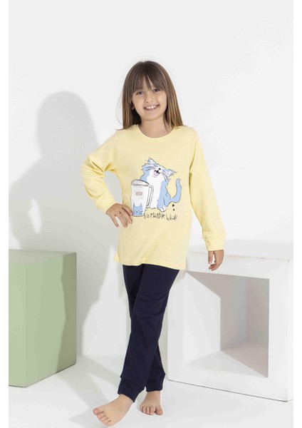 Kız Çocuk Sarı Uzun Kollu Pijama Takımı - Sevimli Kedi Desenli 8411 Sarı fiyatları
