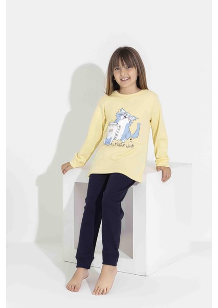 Kız Çocuk Sarı Uzun Kollu Pijama Takımı - Sevimli Kedi Desenli 8411 Sarı indirimleri