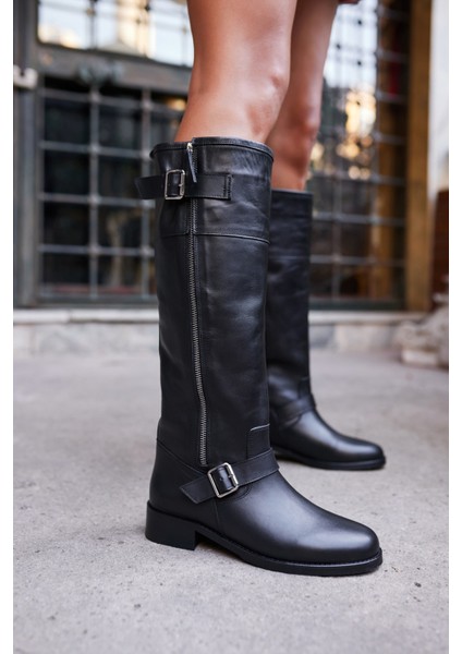 Tobias Kadın Siyah Gercek Deri Fermuar Detaylı Çizme