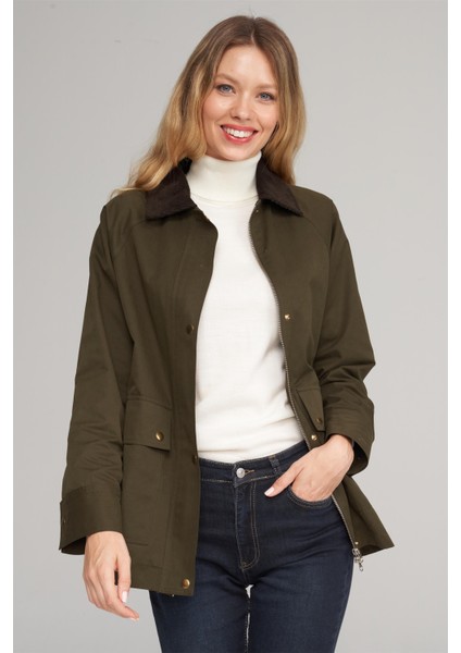 Çetinkaya Fithit 5294 Kadın Kadife Yaka Reglan Kol Loose Fit Ceket Haki