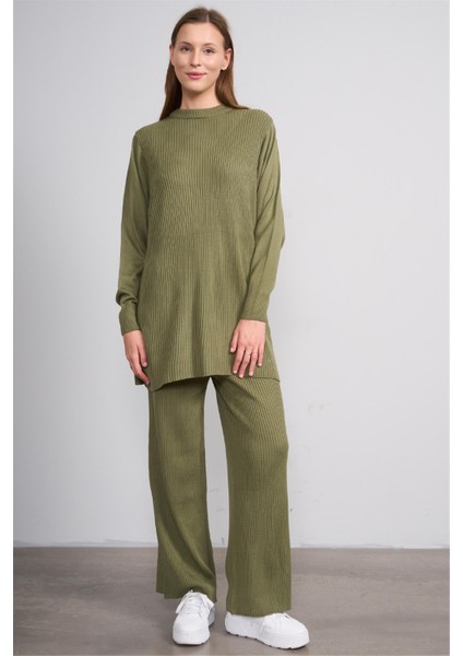 8628 Bayan Geniş Paça Fitilli Triko Pantolon Yosun Yeşil