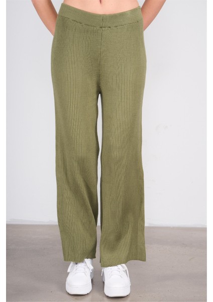 8628 Bayan Geniş Paça Fitilli Triko Pantolon Yosun Yeşil fiyatları