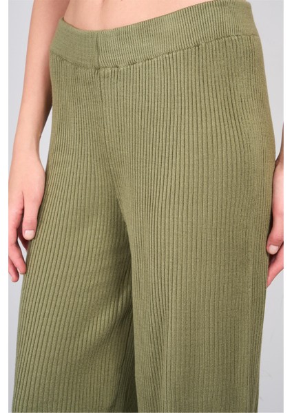 8628 Bayan Geniş Paça Fitilli Triko Pantolon Yosun Yeşil modelleri
