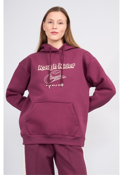 Çetinkaya Fithit 8621 Kadın Kapüşonlu Oversize Baskılı Sweatshirt Mürdüm