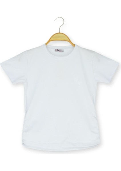 Yanları Büzgülü Kalp Baskılı 36/1 Kompak Kız Tshirt Ekru