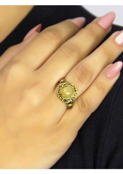 Doğal Taş Sitrin Doğal Taşlı Antik Model Kadın Ayarlanabillir Yüzük EUY80S