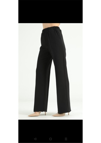 1039 Siyah Kadın Yüksek Bel Beli Lastikli Bol Paça Likralı Double Kumaş Pantolon
