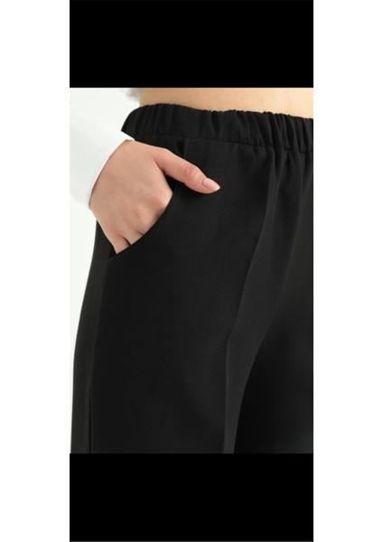 1039 Siyah Kadın Yüksek Bel Beli Lastikli Bol Paça Likralı Double Kumaş Pantolon modelleri