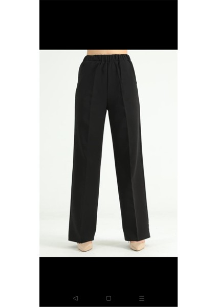 1039 Siyah Kadın Yüksek Bel Beli Lastikli Bol Paça Likralı Double Kumaş Pantolon fırsatları