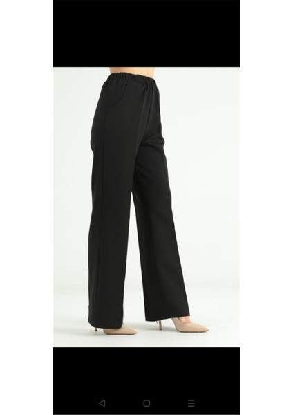 1039 Siyah Kadın Yüksek Bel Beli Lastikli Bol Paça Likralı Double Kumaş Pantolon indirimleri