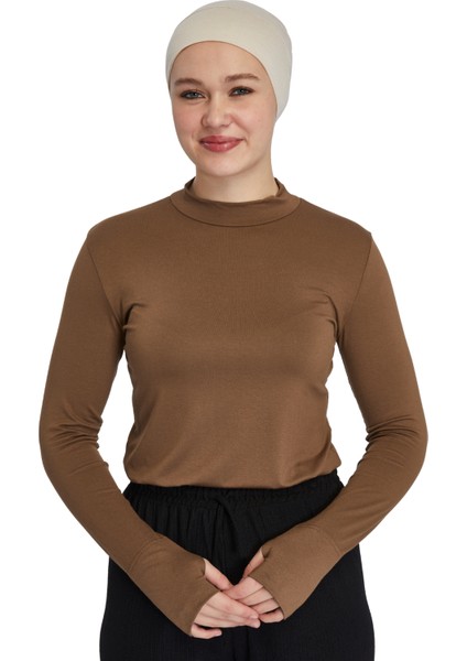 Hafif Balıkçı Yakalı Parmak Geçmeli Likralı Organik Kadın Body - Açık Çikolata - L-XL