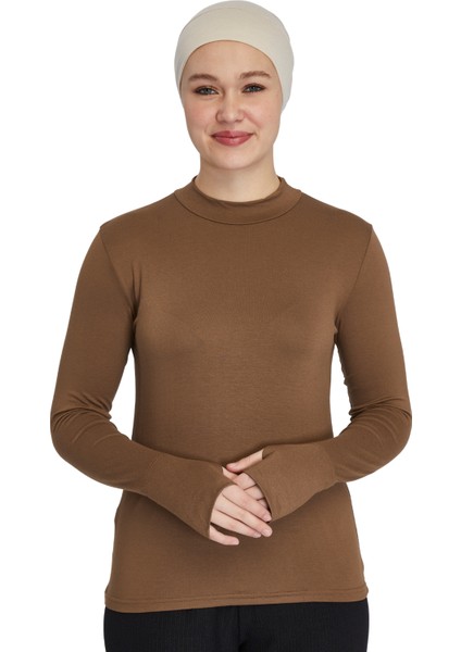 Hafif Balıkçı Yakalı Parmak Geçmeli Likralı Organik Kadın Body - Açık Çikolata - L-XL fiyatları