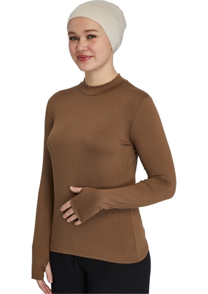 Hafif Balıkçı Yakalı Parmak Geçmeli Likralı Organik Kadın Body - Açık Çikolata - L-XL modelleri