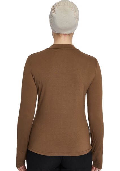 Hafif Balıkçı Yakalı Parmak Geçmeli Likralı Organik Kadın Body - Açık Çikolata - L-XL fırsatları