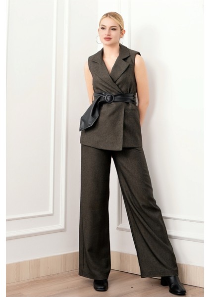 Deri Kuşak Kemerli Yelek ve Cepli Pantolon Takım 1282