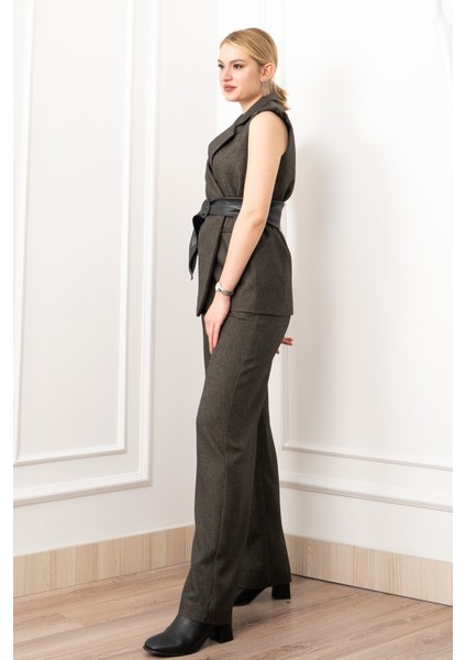 Deri Kuşak Kemerli Yelek ve Cepli Pantolon Takım 1282 fırsatları