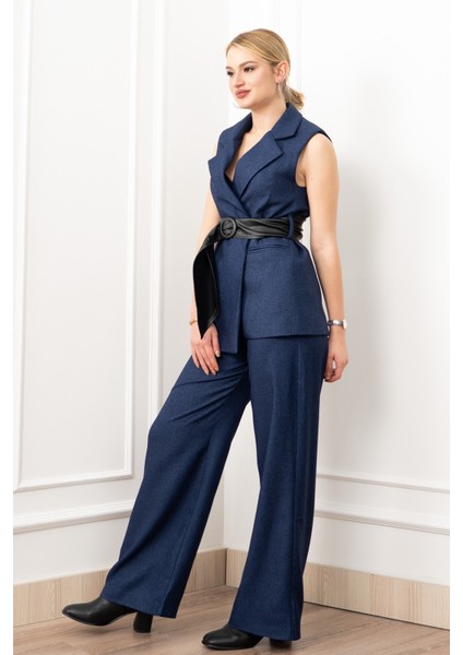 Deri Kuşak Kemerli Yelek ve Cepli Pantolon Takım 1282