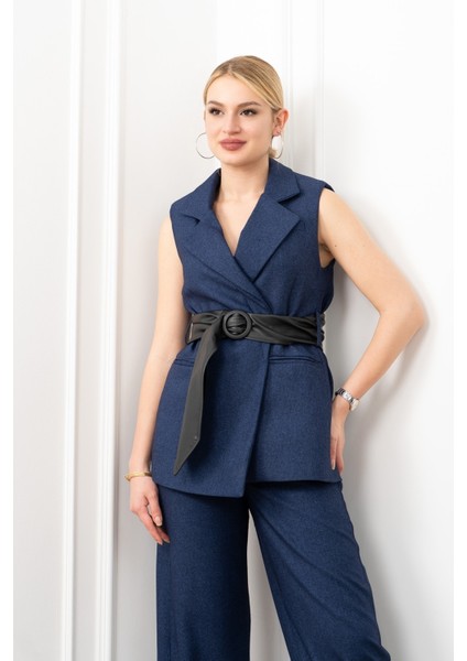 Deri Kuşak Kemerli Yelek ve Cepli Pantolon Takım 1282 fiyatları