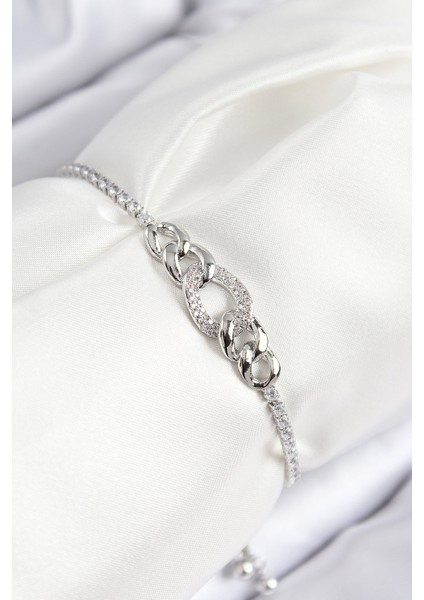 Pirinç Zirkon Taşlı Zincir Model Gümüş Renk Asansörlü Kadın Bileklik