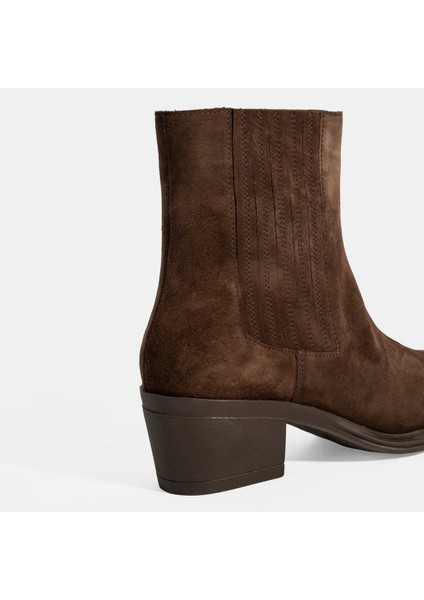 Kadın Kahve Kalın Topuklu Süet Bot