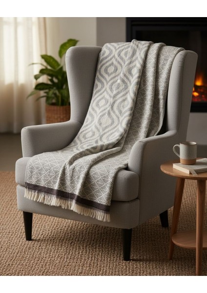 %100 Pamuk Kahve- Gri Ikat Throw- Battaniye Örtü