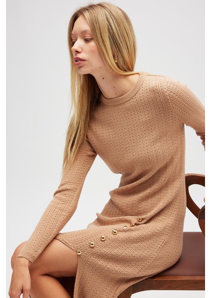 Zaira Mini Saç Örgü Desenli, Yırtmaçlı Elbise - Camel fiyatları