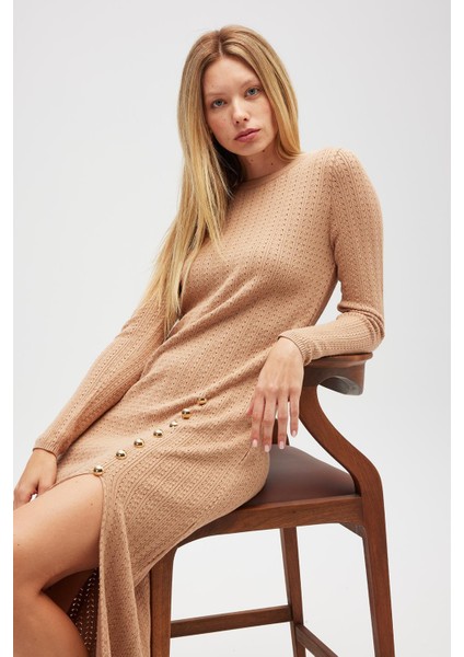 Zaira Mini Saç Örgü Desenli, Yırtmaçlı Elbise - Camel modelleri