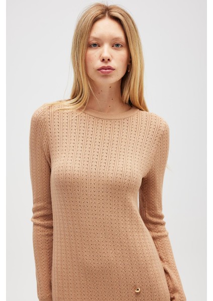 Zaira Mini Saç Örgü Desenli, Yırtmaçlı Elbise - Camel indirimleri