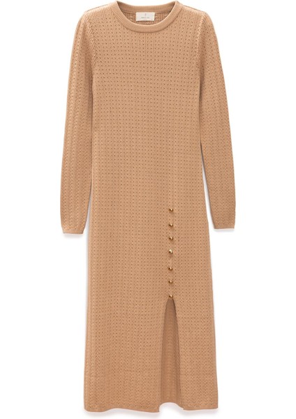 Zaira Mini Saç Örgü Desenli, Yırtmaçlı Elbise - Camel