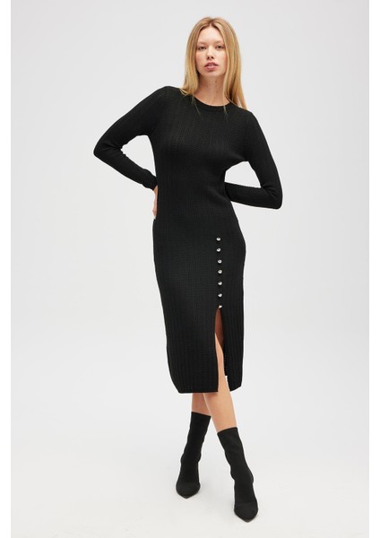 Zaira Mini Saç Örgü Desenli, Yırtmaçlı Elbise - Siyah