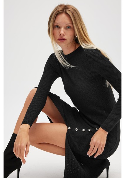 Zaira Mini Saç Örgü Desenli, Yırtmaçlı Elbise - Siyah modelleri