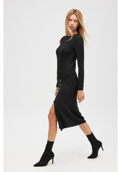 Zaira Mini Saç Örgü Desenli, Yırtmaçlı Elbise - Siyah fırsatları