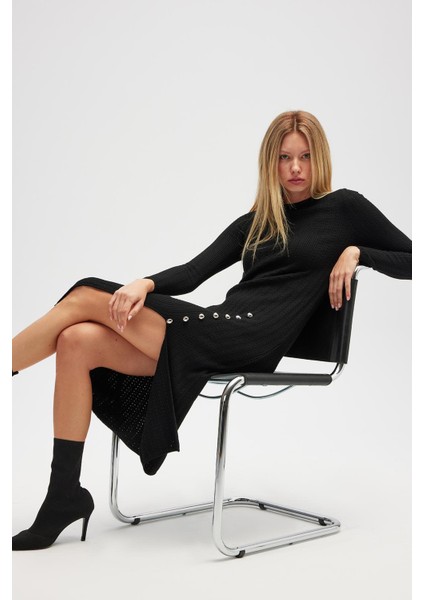 Zaira Mini Saç Örgü Desenli, Yırtmaçlı Elbise - Siyah indirimleri