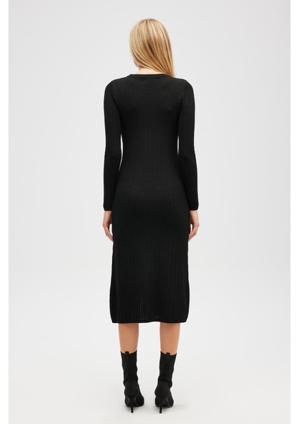 Zaira Mini Saç Örgü Desenli, Yırtmaçlı Elbise - Siyah