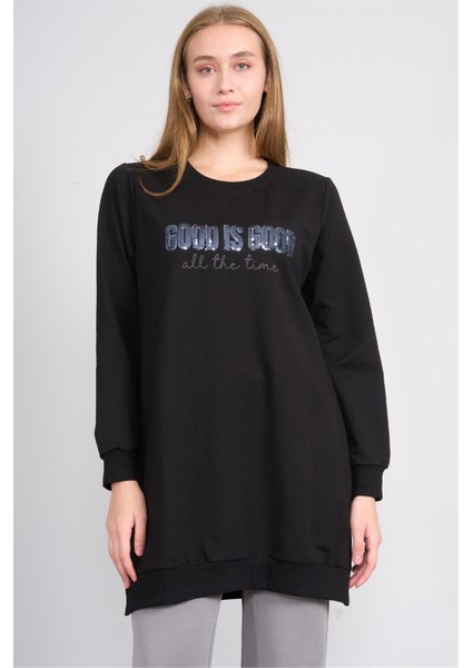 8806 Kadın Bisiklet Yaka 2 Iplik Oversize Tunik Siyah