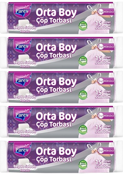 Büzgülü 15'li Çöp Torbası Beyaz Sabun Kokulu Orta Boy 55 x 60 cm Beşli Paket