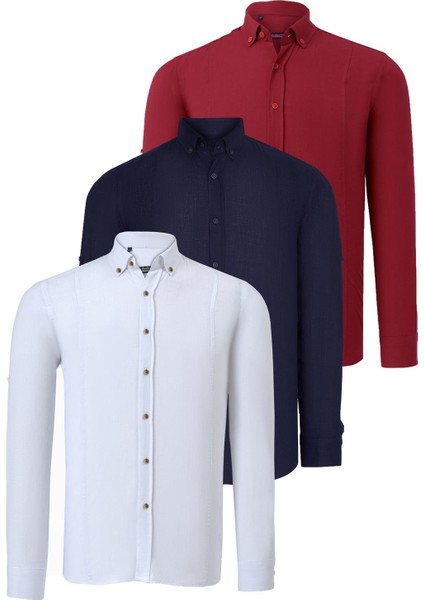 Üçlü Set G721 Dewberry Erkek Gömlek-Lacivert-Beyaz-Bordo