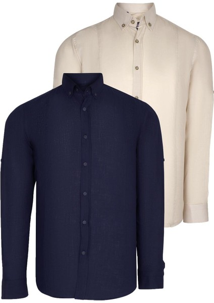 Ikili Set G721 Dewberry Erkek Gömlek-Lacivert-Bej