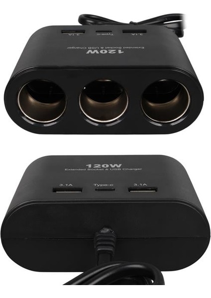 1653 12-24V Çift USB + Type-C Girişli 100W 70CM Kablolu 3'lü Araç Çakmak Çoklayıcı fırsatları