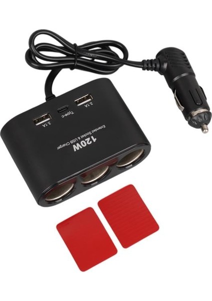 1653 12-24V Çift USB + Type-C Girişli 100W 70CM Kablolu 3'lü Araç Çakmak Çoklayıcı indirimleri
