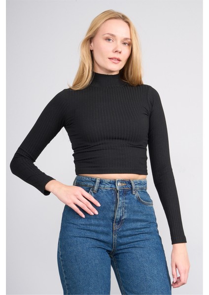 K26 609-20 Sıyah Kadın Balıkcı Yaka Kaskorse Sweat