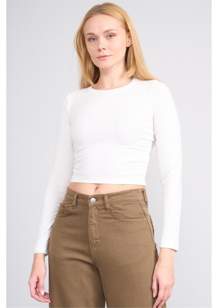 K26 608-20 Beyaz Kadın O Yaka Kaskorse Sweat