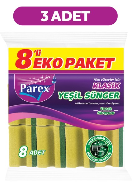 Klasik Oluklu 8'li Yeşil Sünger Üçlü Paket