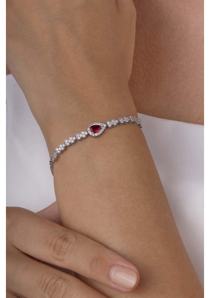 Yakut Taşlı Damla Motifli Rodyum Kaplama Gümüş Bileklik