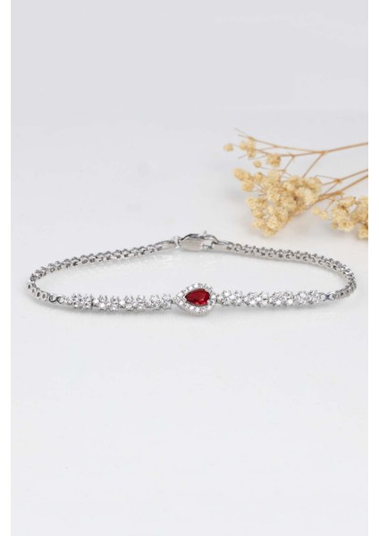 Yakut Taşlı Damla Motifli Rodyum Kaplama Gümüş Bileklik fırsatları