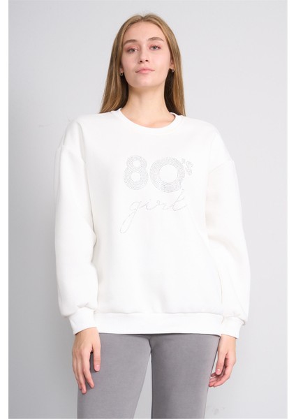 Çetinkaya Fithit 8600 Kadın Bisiklet Yaka 3 Iplik Oversize Baskılı Sweatshirt Krem