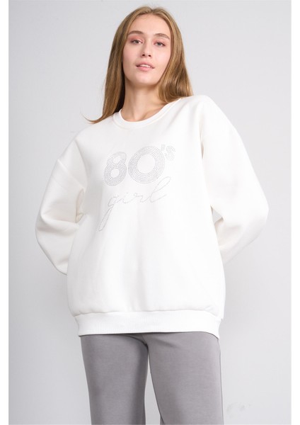 Çetinkaya Fithit 8600 Kadın Bisiklet Yaka 3 Iplik Oversize Baskılı Sweatshirt Krem fiyatları