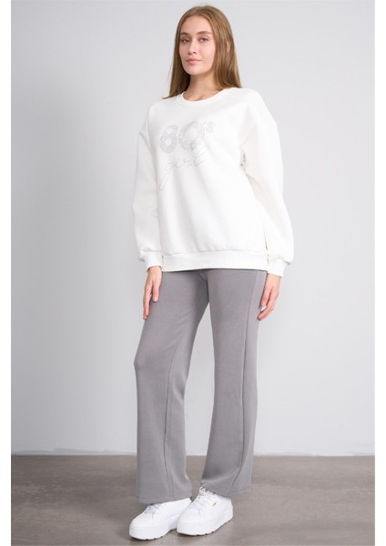 Çetinkaya Fithit 8600 Kadın Bisiklet Yaka 3 Iplik Oversize Baskılı Sweatshirt Krem modelleri